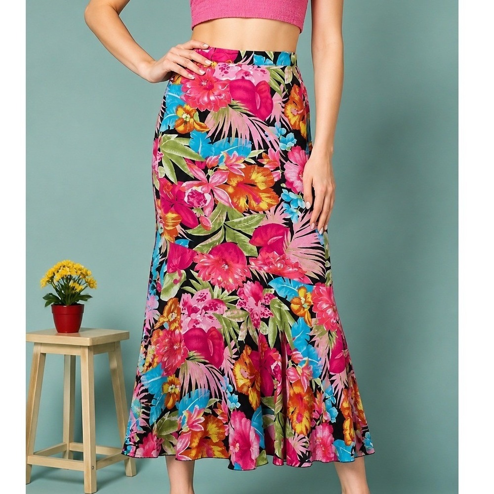 Conrad C Petite‎ Tropical Floral Mermaid Maxi Skirt Black Pink Hibiscus Resort